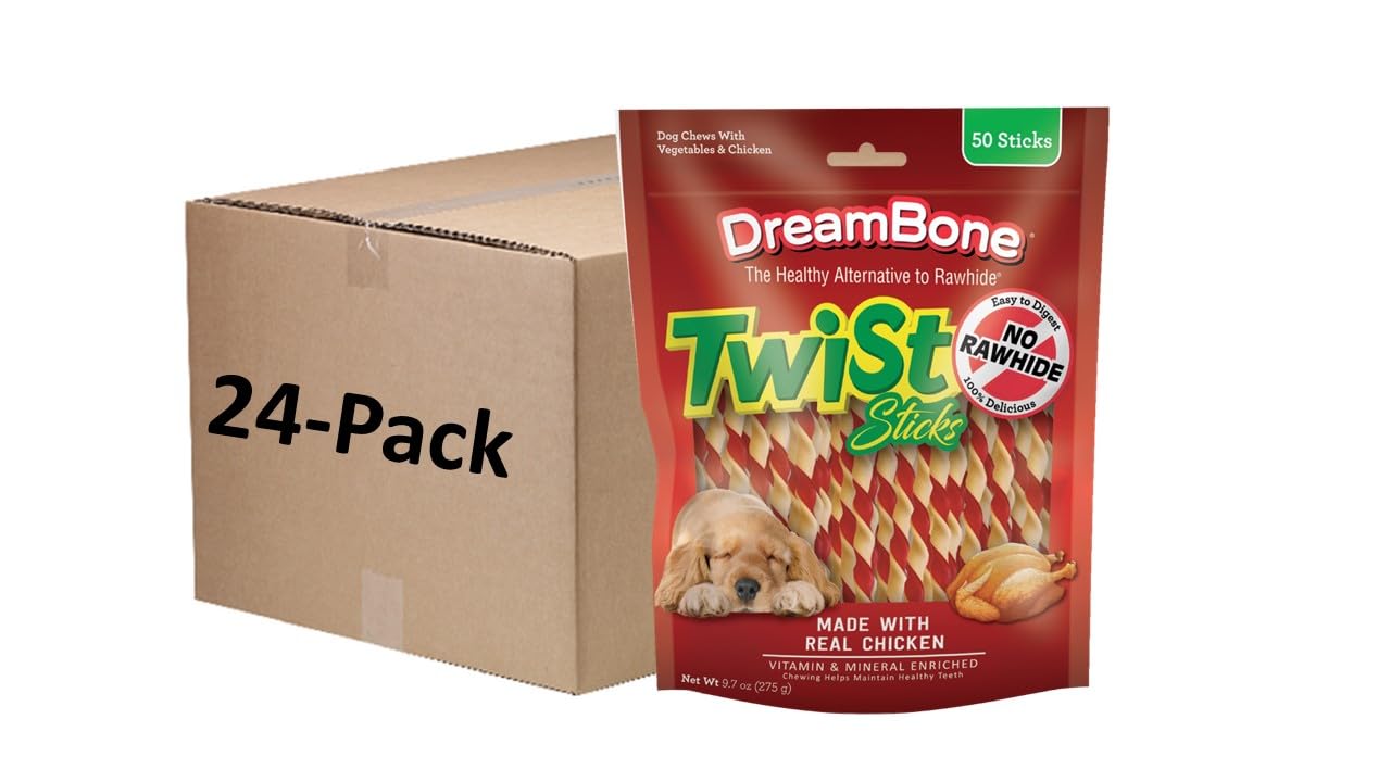 HOTDreamBone Twist Sticks Chews for Dogs, Treat Your Dog to Easy-to-Digest Rawhide-Free Chews Made with Real Vegetables and Chicken, 50 Count