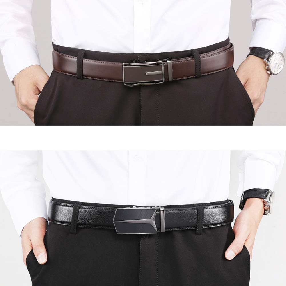 HOTFounders & C Mens Belt 2 Pack,Leather Ratchet Click Belt Dress with Slide Buckle 1 3/8" in Gift Set Box- Size Adjustable