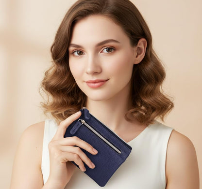 HOTJulia Buxton Vegan Leather Wallet with Zipper, ID Windows, RFID Blocking, Card Slots & Key Ring, Compact Coin & Card Holder Case, Gift Idea, True Blue