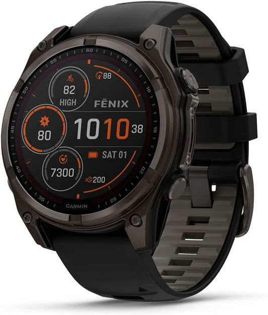 HOTGarmin fēnix® 8 – 47 mm,Solar,Sapphire,Premium Multisport GPS Smartwatch, Long-Lasting Battery Life,Dive-Rated, Built-in LED Flashlight, Carbon Gray DLC Titanium Bezel Black/Pebble Gray Silicone Band | - 47 Mm Sapphire Solar Model with Solar Charging,