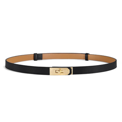 HOTWomen’s Skinny Leather Belt with Gold or Silver Turn-Lock Buckle – Adjustable Thin Belt for Dresses, Office & Wedding