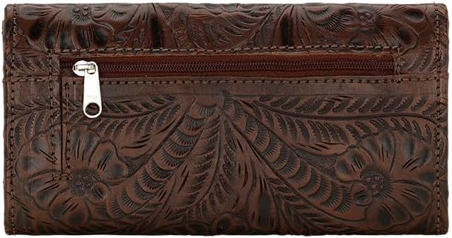 HOTAmerican West Hand Tooled Handcrafted 100% Genuine Leather Tri-Fold Wallet for Women | Credit Card Slots Cash Pocket and Clear ID Holder | Western (Dark Brown)