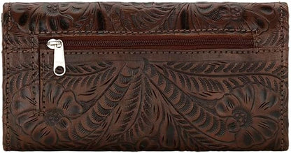 HOTAmerican West Hand Tooled Handcrafted 100% Genuine Leather Tri-Fold Wallet for Women | Credit Card Slots Cash Pocket and Clear ID Holder | Western (Dark Brown)