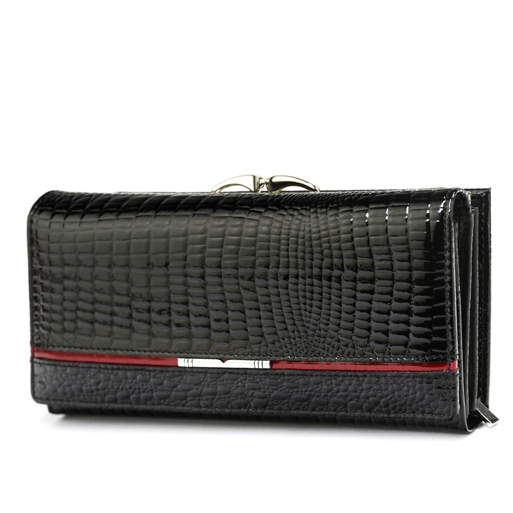 HOTWomen's Long Leather Wallet, Black Burgundy Multi-Color | Credit Card Purse, Trifold, Genuine Leather, Clutch