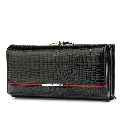 HOTWomen's Long Leather Wallet, Black Burgundy Multi-Color | Credit Card Purse, Trifold, Genuine Leather, Clutch