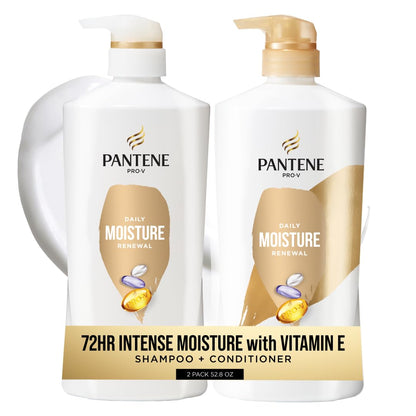 HOTPantene Shampoo & Conditioner Set, Daily Moisture Renewal - Pro-V Nutrients for Dry, Color-Treated, Straight to Curly Hair, 72-Hour Hydration & Softness, 52.8 Oz Total + Miracle Rescue Shot (0.5 Oz)