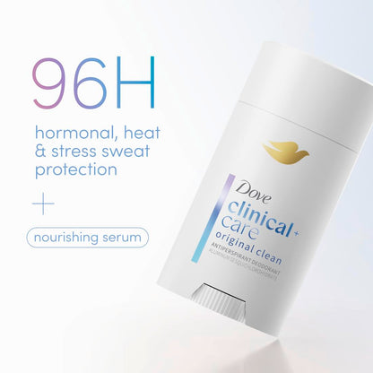 HOTDove Clinical + Care Antiperspirant Deodorant Stick for Women, 96H Clinical Strength Sweat & Odor Protection, With Nourishing Serum, Original Clean with Fresh Scent, 2.6 oz