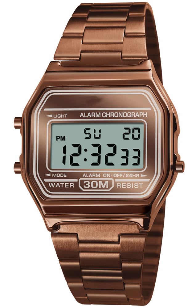 HOTPASOY Men's Digital Gold Stainless Steel Watch Backlit Multifunction Stopwatch Waterproof Sport Watches