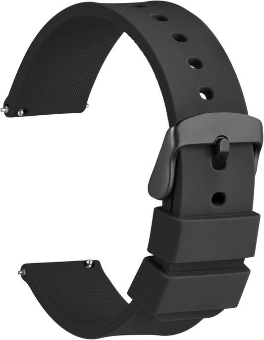 HOTWOCCI 20mm Silicone Watch Band, Quick Release Rubber Replacement Strap with Black Stainless Steel Buckle (Black)