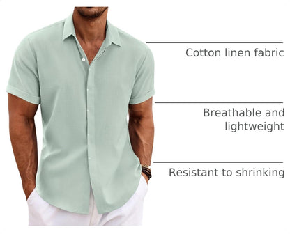 HOTCOOFANDY Men's Linen Shirts Short Sleeve Casual Shirts Button Down Shirt for Men Beach Summer Wedding Shirt
