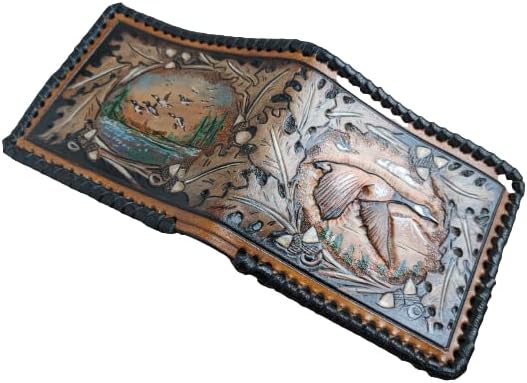 HOTAmerican Black Duck, Geese, Oak Leaf, Paysage, Goose, Hunter, Men's 3D Genuine Leather Wallet, Handmade wallet, Carved wallet, Tooled wallet, Bifold wallet, Custom wallet, Personalized wallet