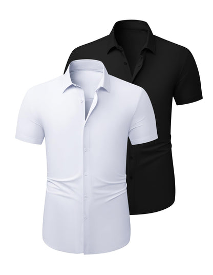 HOTJMIERR Men's Muscle Fit High Stretch Wrinkle-Free Button Down Dress Shirts Summer Casual Short Sleeve Shirt