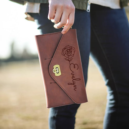 HOTPersonalized Leather Wristlet Pouch Birth Flower Custom Name Wrist Bag Wallet – Gift for Her