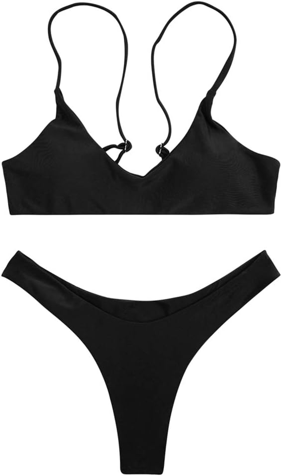 HOTSherryDC Women's Solid Scoop Neck Push Up Padded Brazilian Thong Bikini Swimsuit Bathing Suit