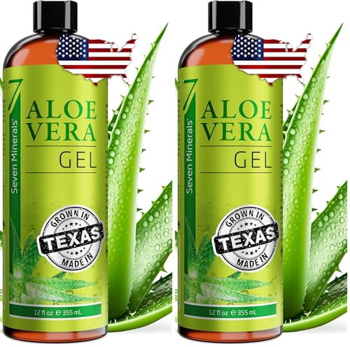 HOTSeven Minerals Aloe Vera Gel with Freshly Cut Pure Organic Aloe - Big 12oz - Texas Grown, HighestQuality, Vegan, Unscented, Non-Sticky - After Sun, Skin & Face Moisturizer, Hair Mask