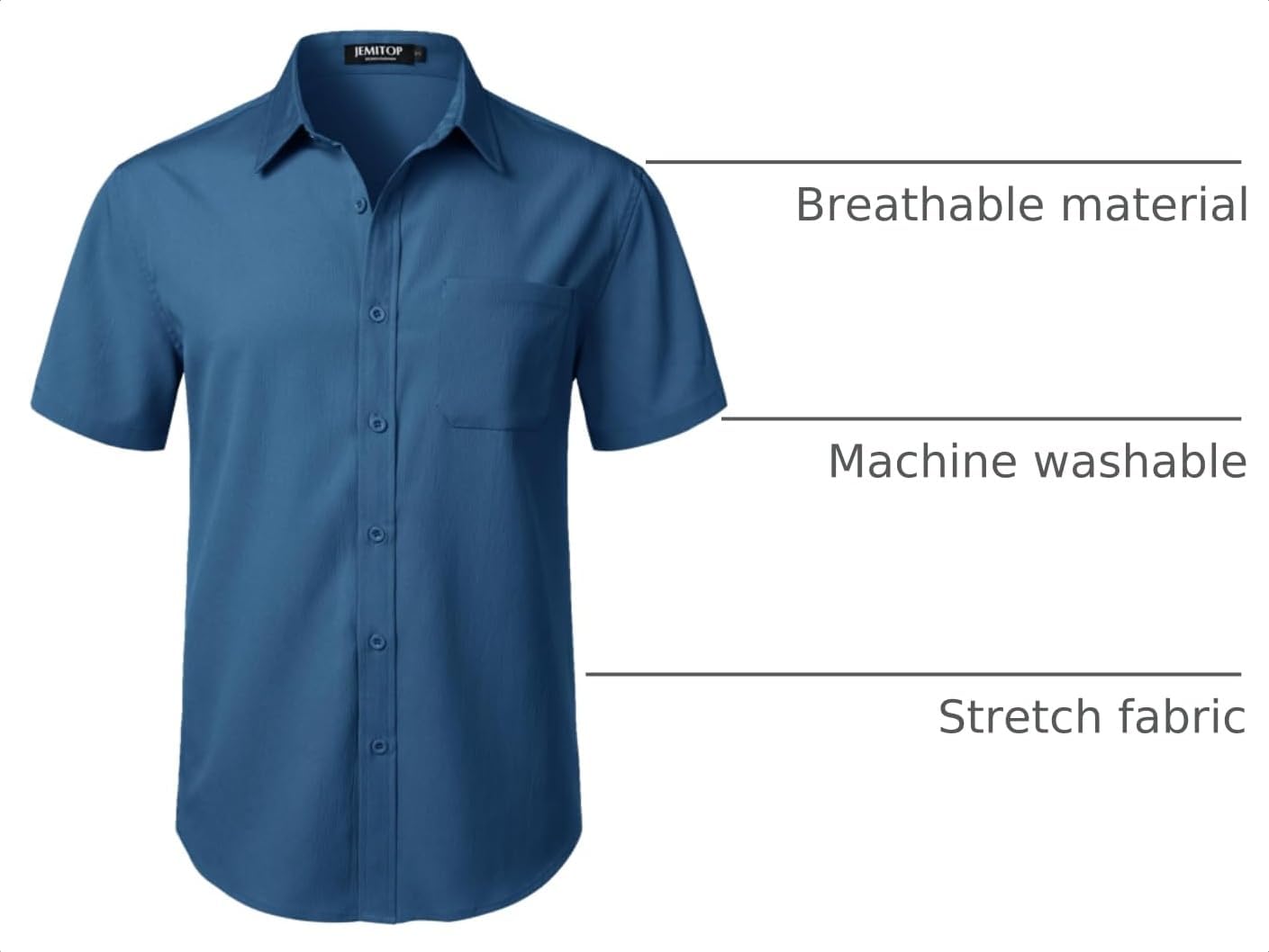 HOTJEMITOP Mens Stretch Wrinkle Free Texture Shirts | Lightweight, Summer, Beach, Stylish, Button Down, Short Sleeve, Casual, Vacation