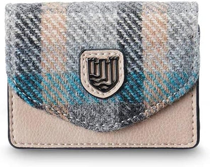HOTIslander The Card Case - Made of Microfibre Leather & Harris Tweed, 4.13'x3.14' (Pink and Blue Tartan)