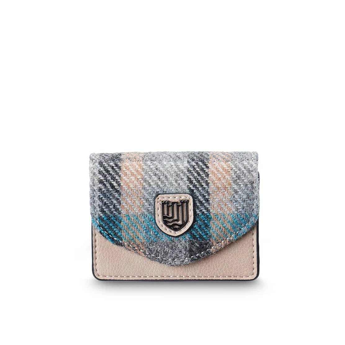 HOTIslander The Card Case - Made of Microfibre Leather & Harris Tweed, 4.13'x3.14' (Pink and Blue Tartan)