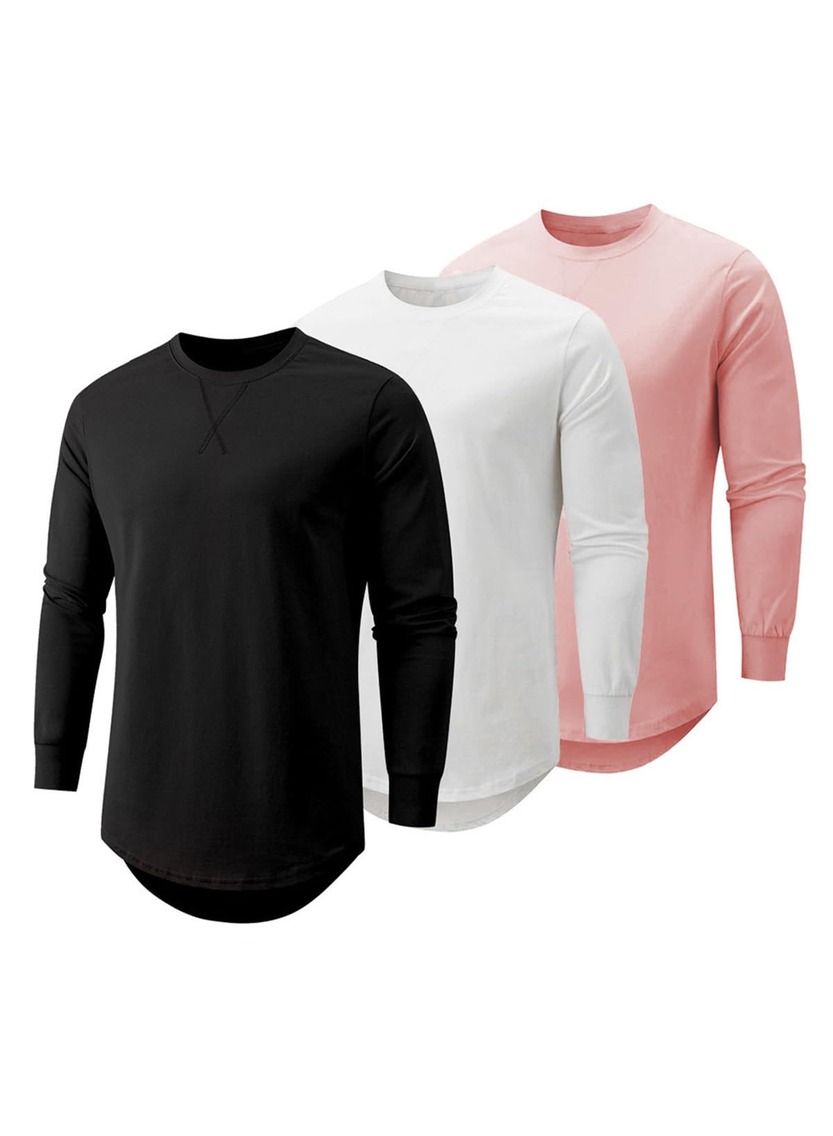 HOTJMIERR Mens 3 Pack Cotton Hipster Hip Hop Longline Crewneck T-Shirt