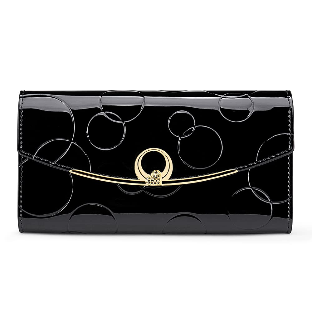 HOTWallet Women's Genuine Leather Long Three Fold Wallet Bright Leather Large Capacity Buckle, Circled Embossed Pattern, RFID and Magnetic Anti Theft (Wine Red)