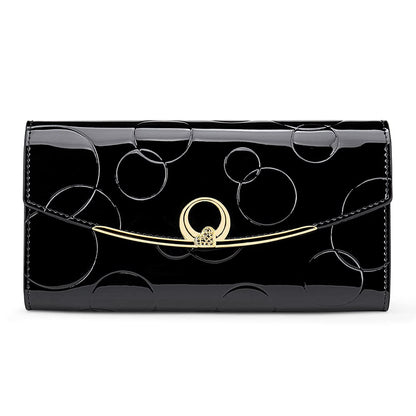 HOTWallet Women's Genuine Leather Long Three Fold Wallet Bright Leather Large Capacity Buckle, Circled Embossed Pattern, RFID and Magnetic Anti Theft (Wine Red)