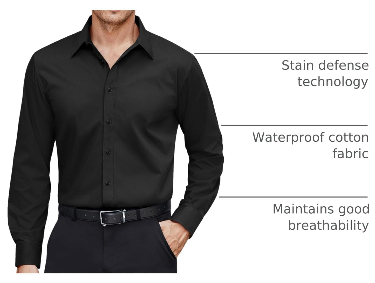 HOTJ.VER Men's Dress Shirts Stretch Stain Shield Long Sleeve Solid Formal Shirt Business Casual Button Down Shirts