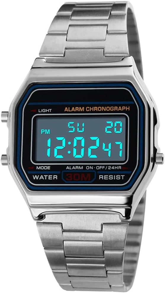 HOTPASOY Men's Digital Gold Stainless Steel Watch Backlit Multifunction Stopwatch Waterproof Sport Watches