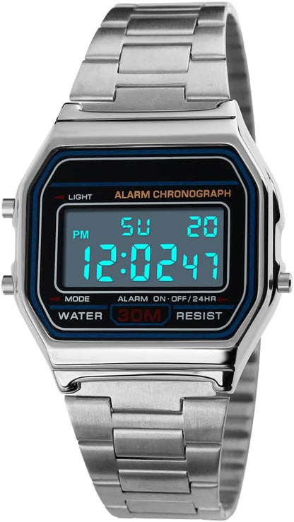 HOTPASOY Men's Digital Gold Stainless Steel Watch Backlit Multifunction Stopwatch Waterproof Sport Watches