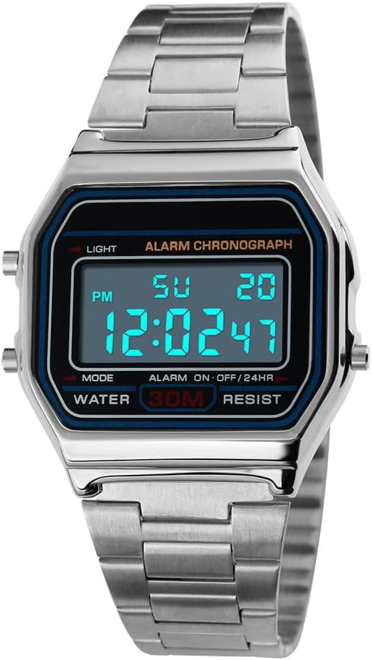 HOTPASOY Men's Digital Gold Stainless Steel Watch Backlit Multifunction Stopwatch Waterproof Sport Watches
