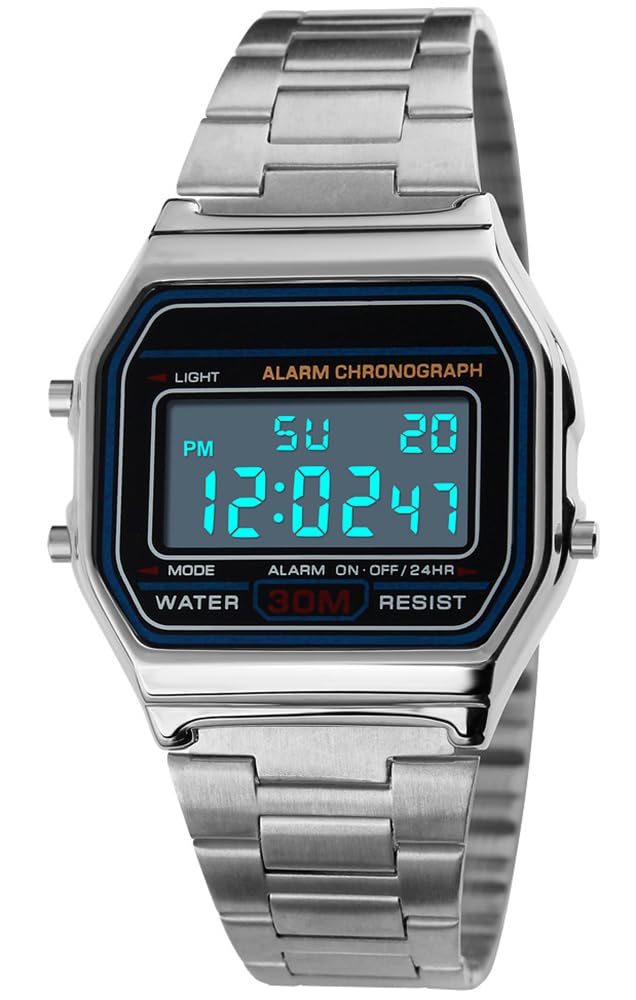 HOTPASOY Men's Digital Gold Stainless Steel Watch Backlit Multifunction Stopwatch Waterproof Sport Watches