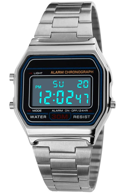 HOTPASOY Men's Digital Gold Stainless Steel Watch Backlit Multifunction Stopwatch Waterproof Sport Watches