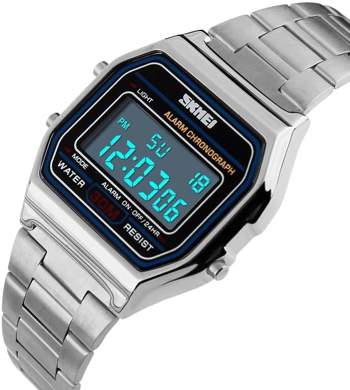 HOTSNE Men's Digital Watch Stainless Steel Band Water Resistant Electronic Square LED Back Light Wristwatch