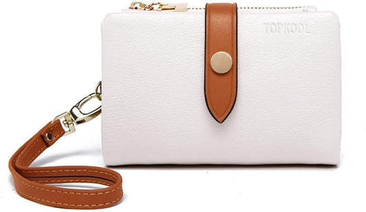 HOTWallets for Women Small Bifold Rfid Leather Ladies Wallets,Compact Wristlet Womens Billfold,Trifold Card Holder with Multi Credit Card Slot Zipper Coin Pocket and Wrist Strap(White)