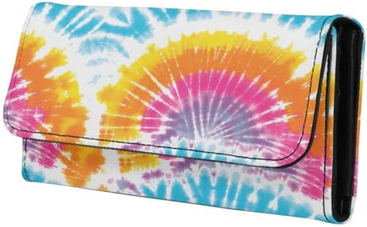 HOTTie Dye Color Slim Long Wallet for Women Hippie Style Colorful Zipper Coin Purse Card Holder, Tie-dye Rainbow Extra Capacity PU Leather Checkbook Wallet with ID Window