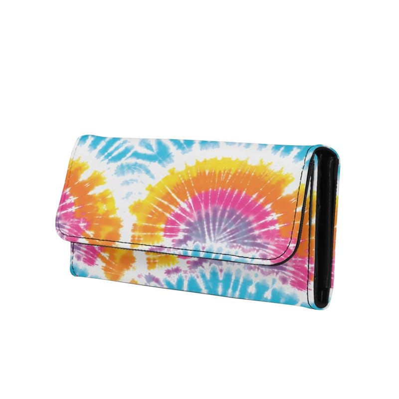 HOTTie Dye Color Slim Long Wallet for Women Hippie Style Colorful Zipper Coin Purse Card Holder, Tie-dye Rainbow Extra Capacity PU Leather Checkbook Wallet with ID Window