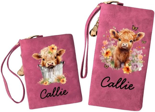 HOTCALLIE Personalized Wristlet Wallet with Cute Highland Cow Design and Name, PU Leather Credit Card Holder Wallet for Women, Travel Christmas Birthday Gift for Family Friend