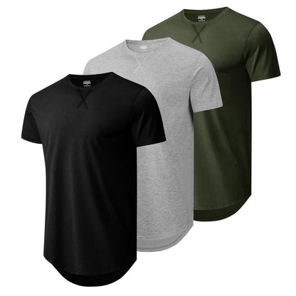 HOTMens 3 Pack Cotton Hipster Longline T Shirts Curved Hem Plain Hip Hop Short Sleeve Tee Fitted Casual Drop Cuts Crewneck