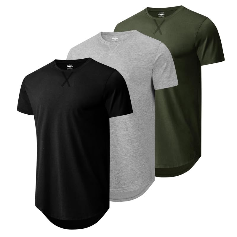 HOTMens 3 Pack Cotton Hipster Longline T Shirts Curved Hem Plain Hip Hop Short Sleeve Tee Fitted Casual Drop Cuts Crewneck