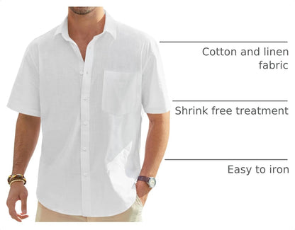 HOTJ.VER Mens Linen Shirt Short Sleeve Button Down Casual Summer Shirts | Cotton Linen, Untucked, Big Tall, from Beach Camp Vacation, Cruise Fishing, Work Office, to Wedding Party Family, with Pocket