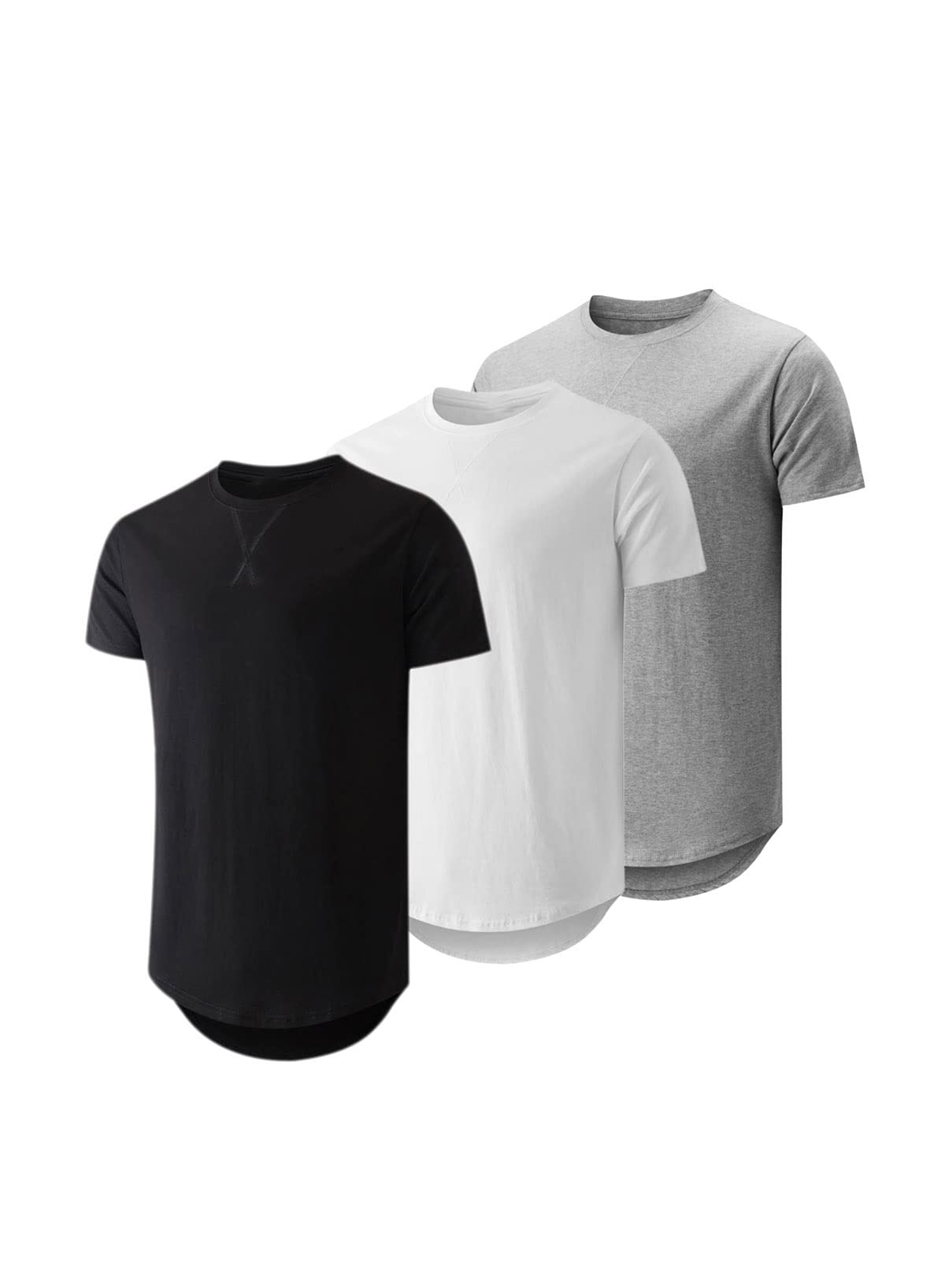 HOTJMIERR Mens 3 Pack Cotton Hipster Hip Hop Longline Crewneck T-Shirt