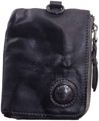 HOTMedieval Pouch, Mini Genuine Leather Coin Pouch Genuine Cowhide Handcrafted Keychain Coin Organizer Zipper Coin Pouch with Card Slot Credit Card Holder Keychain Coin Purse (Black)
