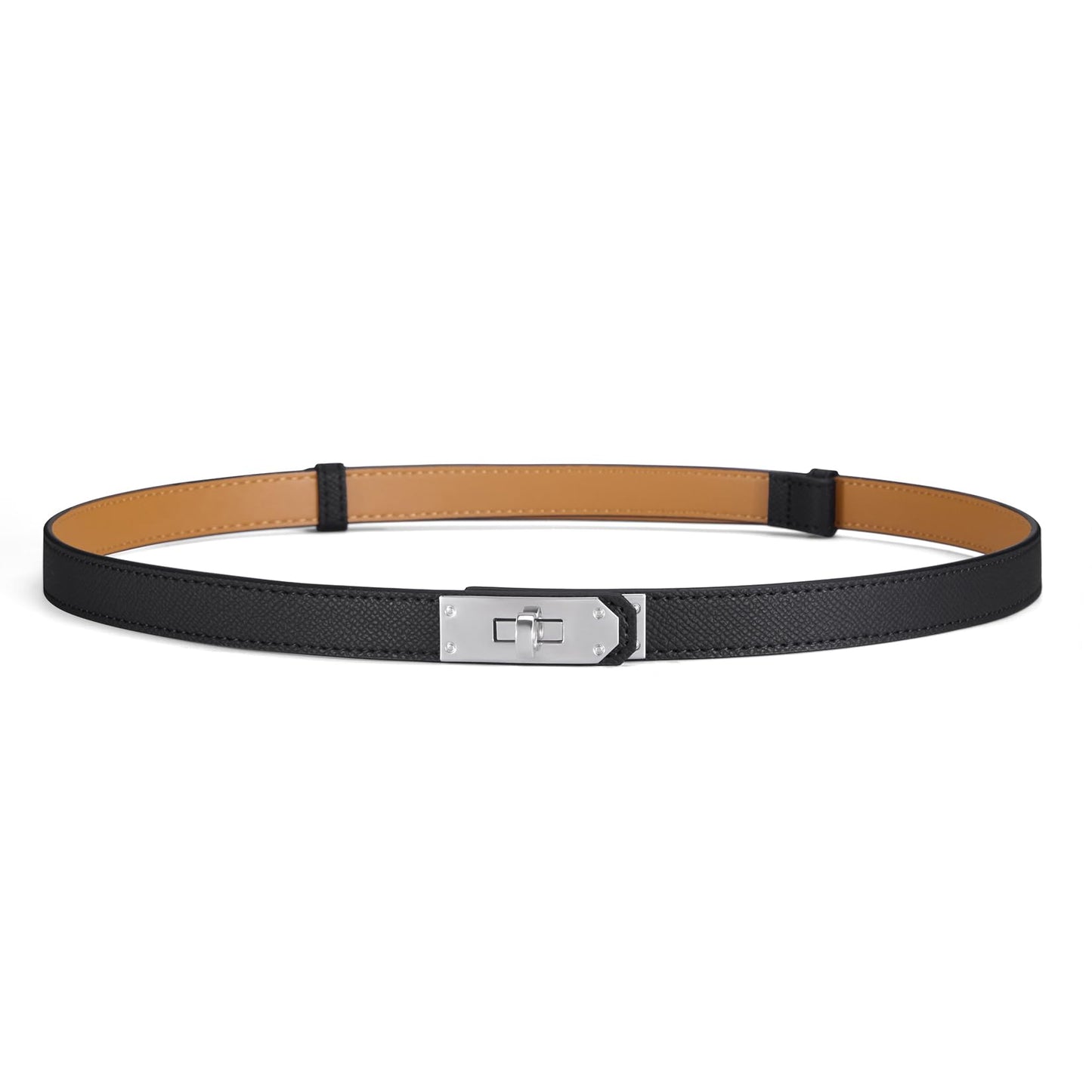 HOTWomen’s Skinny Leather Belt with Gold or Silver Turn-Lock Buckle – Adjustable Thin Belt for Dresses, Office & Wedding