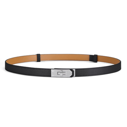 HOTWomen’s Skinny Leather Belt with Gold or Silver Turn-Lock Buckle – Adjustable Thin Belt for Dresses, Office & Wedding