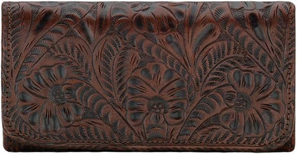 HOTAmerican West Hand Tooled Handcrafted 100% Genuine Leather Tri-Fold Wallet for Women | Credit Card Slots Cash Pocket and Clear ID Holder | Western (Dark Brown)