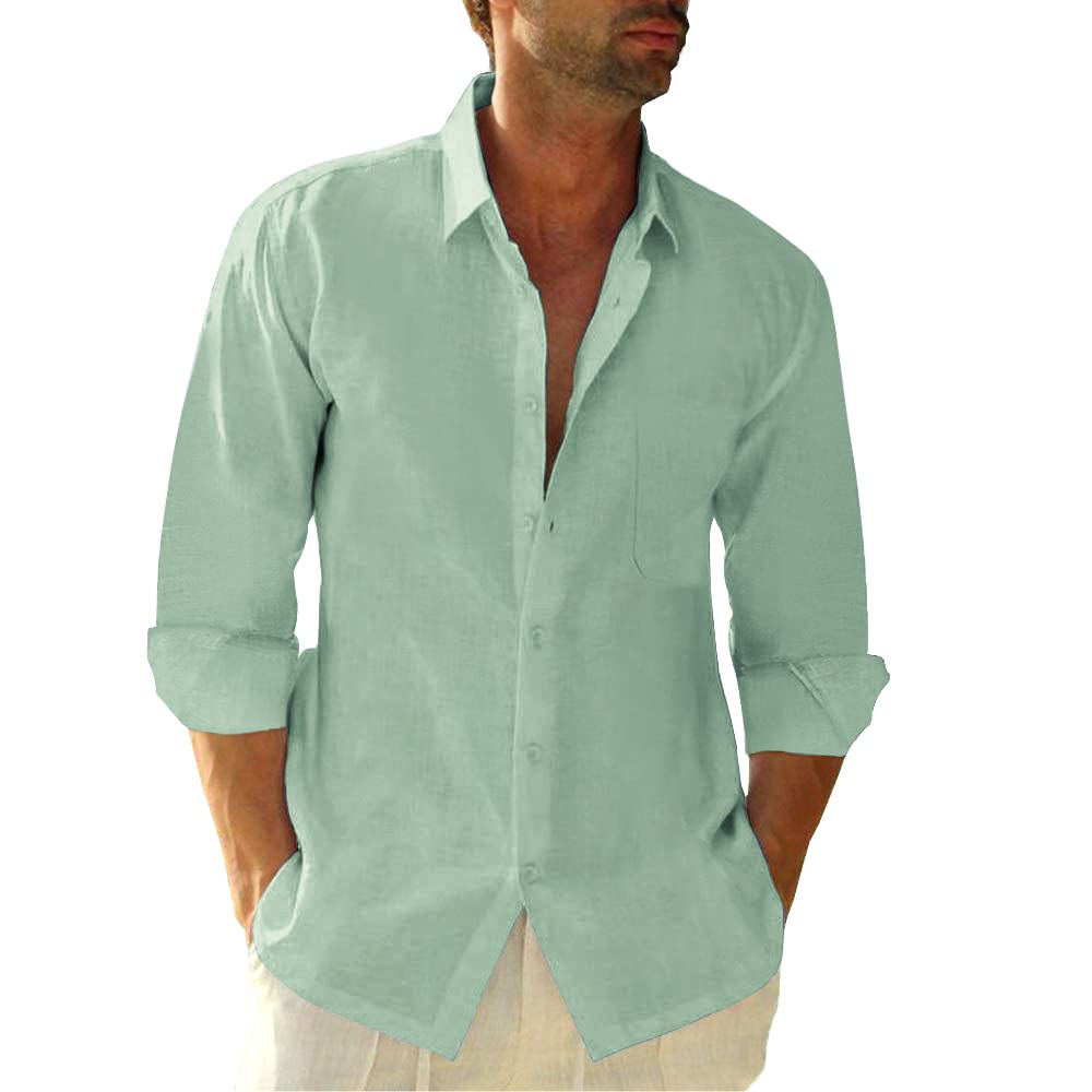 HOTJEKAOYI Button Down Linen Shirts for Men Casual Long Sleeve Regular Fit Cotton Beach Shirts with Pocket