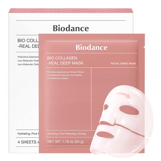 HOTBIODANCE Bio-Collagen Real Deep Mask, Hydrating Overnight Hydrogel Face Mask, Pore Minimizing, Elasticity, Plumping, Travel Essentials & Self Care Gifts for Women, Korean Skin Care | 1.19oz(34g) x 4ea