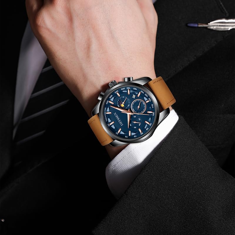 HOTWatches for Men Chronograph Analog Luminous Quartz Watch Blue Black Luxury Genuine Leather Mens Watches Business Sports Waterproof Wristwatch Elegant Gift for Him