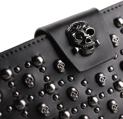 HOTShinywear Women's Black Long Skull Studded Purses Genuine Leather Card Holder Wallet