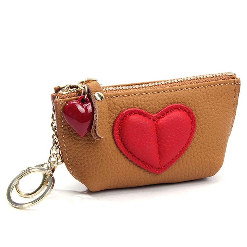 HOTRejolly Coin Pouch Purse for Women Girls Real Leather Mini Change Wallet With Keychain Key Ring Cute Heart Attachment for Purse Cream White