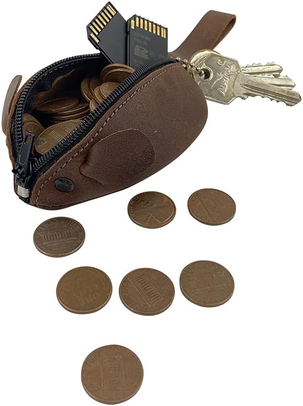 HOTHide & Drink, Mouse-Shaped Coin Pouch, Change Pouch, Pocket Case for Coins, Travel Accessory, Full Grain Leather, Handmade, Bourbon Brown